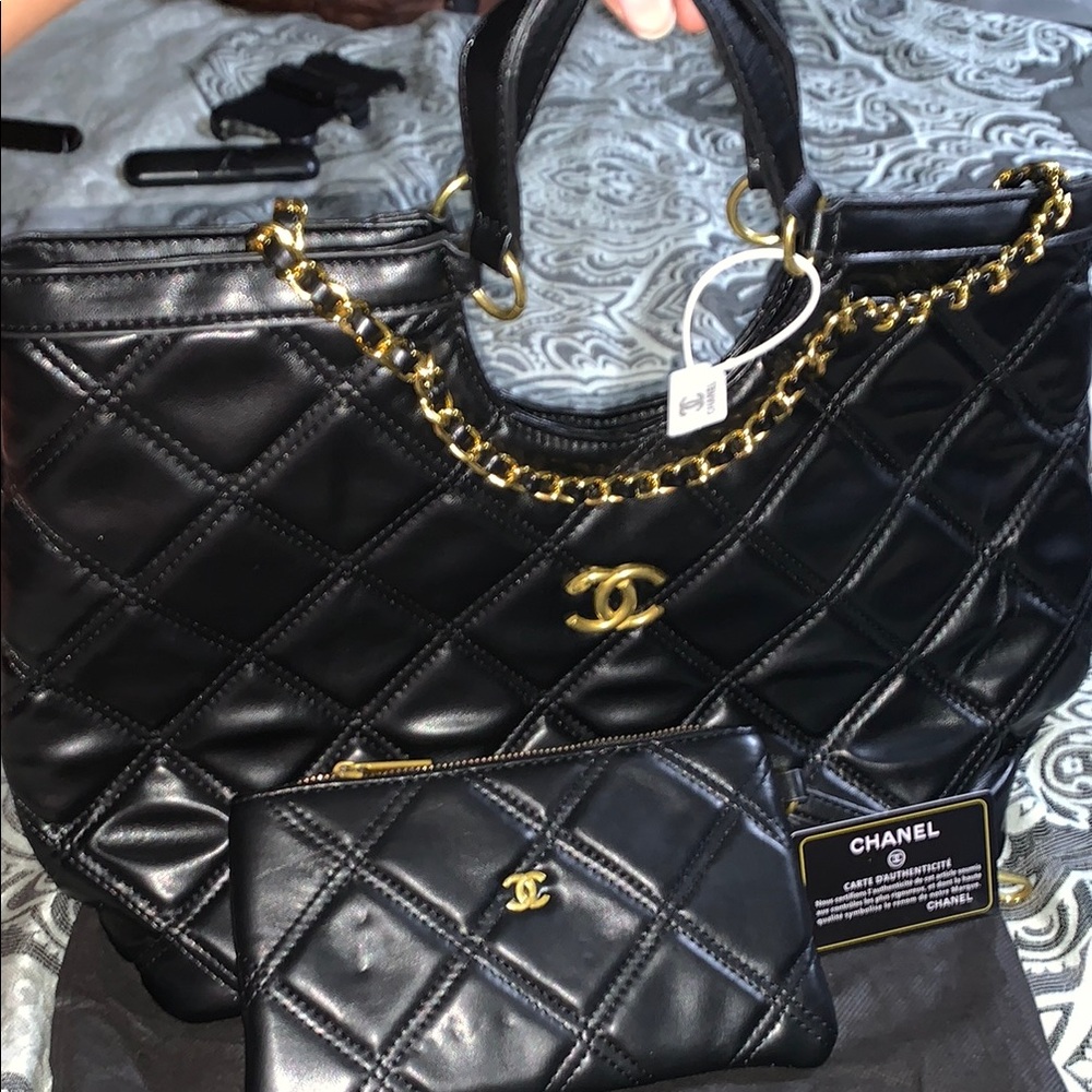 Black and Gold Quilted Shoulder Bag with Chain Straps